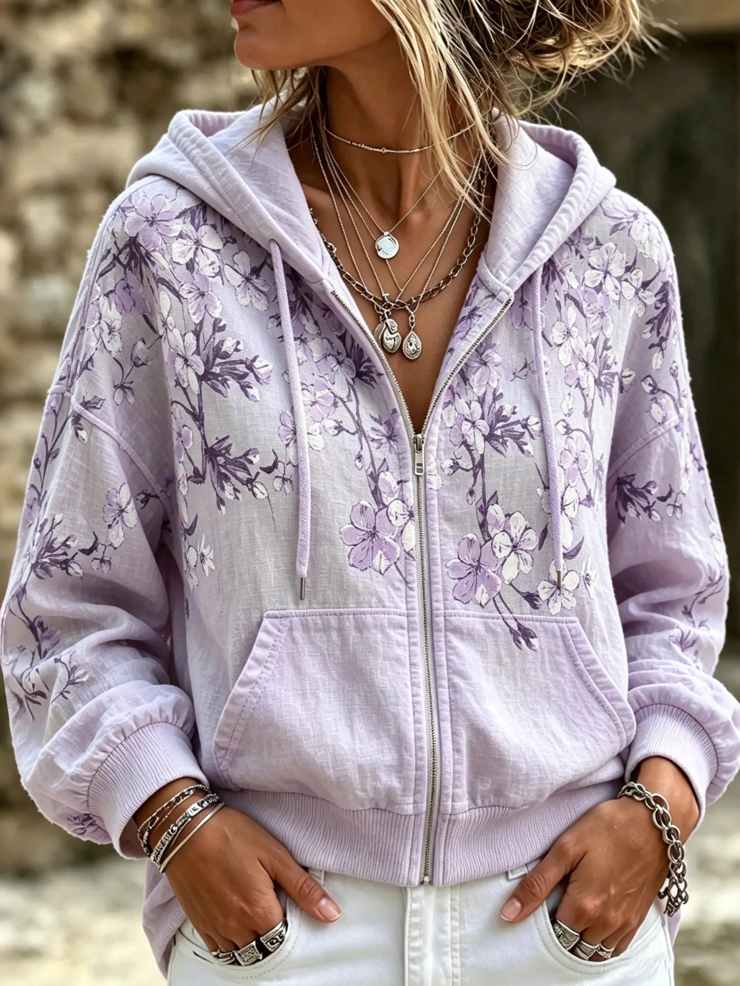 Cardydony Women's Retro Floral Design Zip-up Hoodie