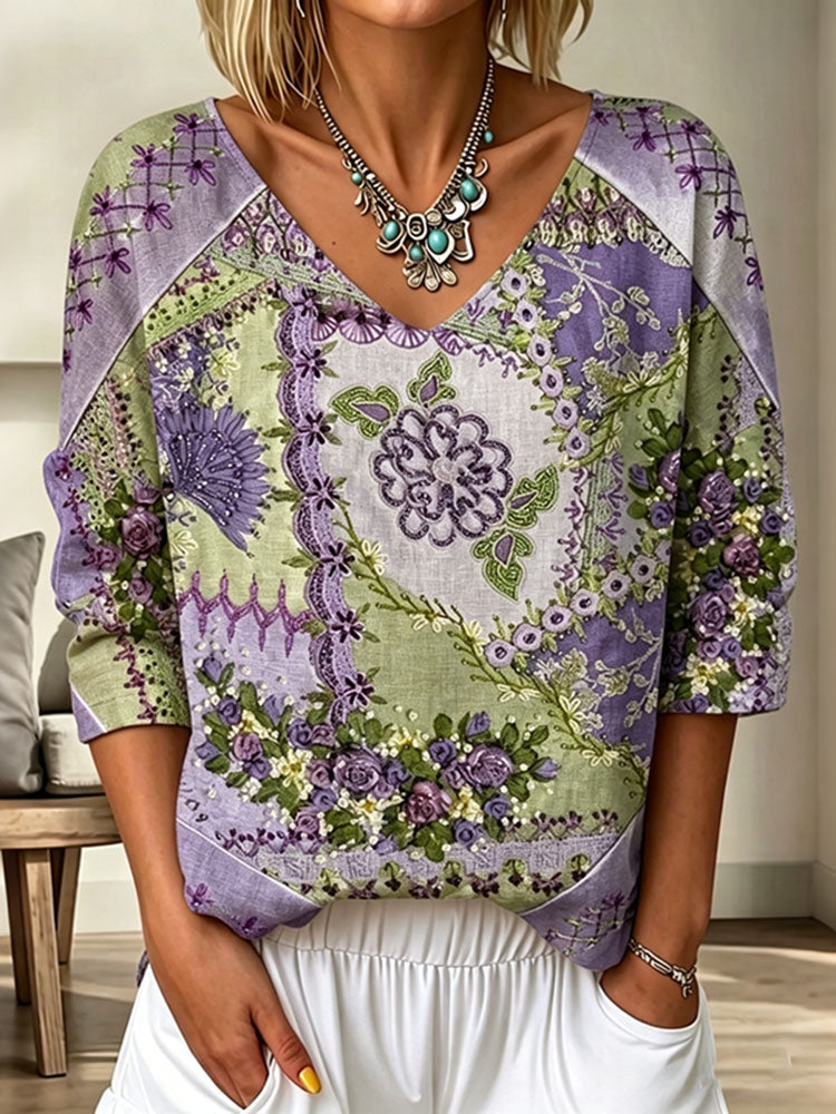 Cardydony Women's Floral Patchwork Art Print Flowy Linen Blend Three-quarter Sleeve V Neck Linen Tops