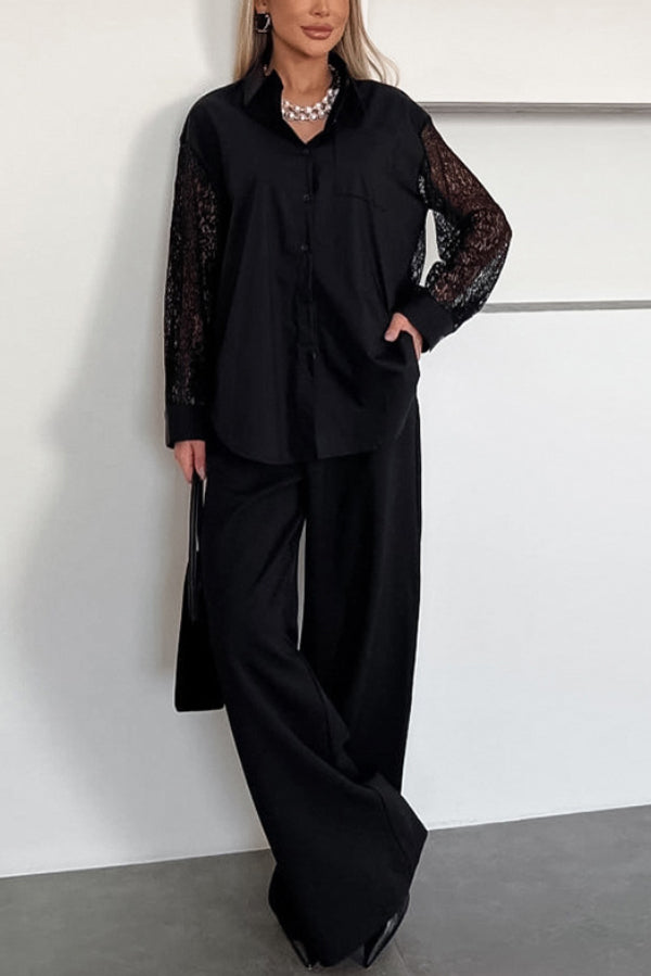 Cardydony Women's Fashionable Openwork Lace Patchwork Long-sleeved Loose Shirt