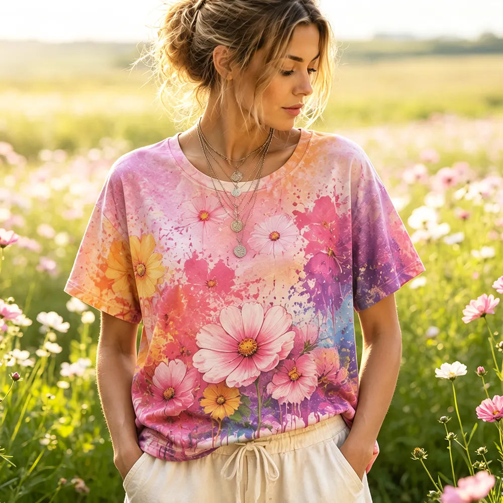 Cardydony Women's Casual Short-sleeve T-shirt With Watercolor Pink Cosmos Floral And Splash Art Print