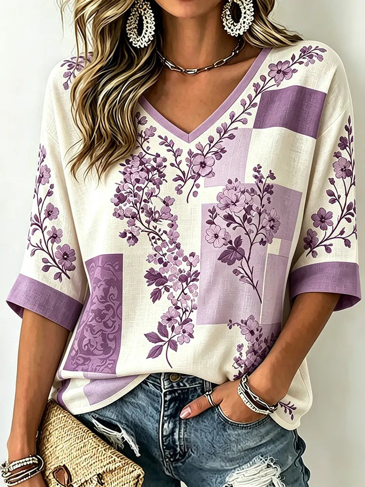 Cardydony Women's Retro Floral Color Block Print Linen Blend Casual V-neck Three-quarter Sleeve T-shirt