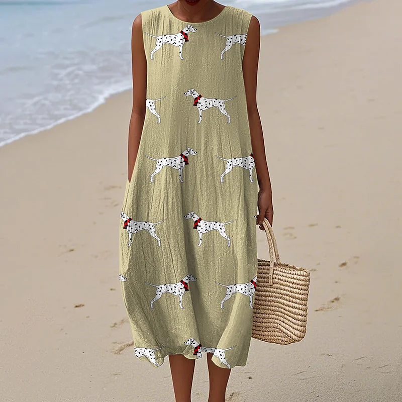 Cardydony Retro Cute Dog Art Linen Tank Midi Dress