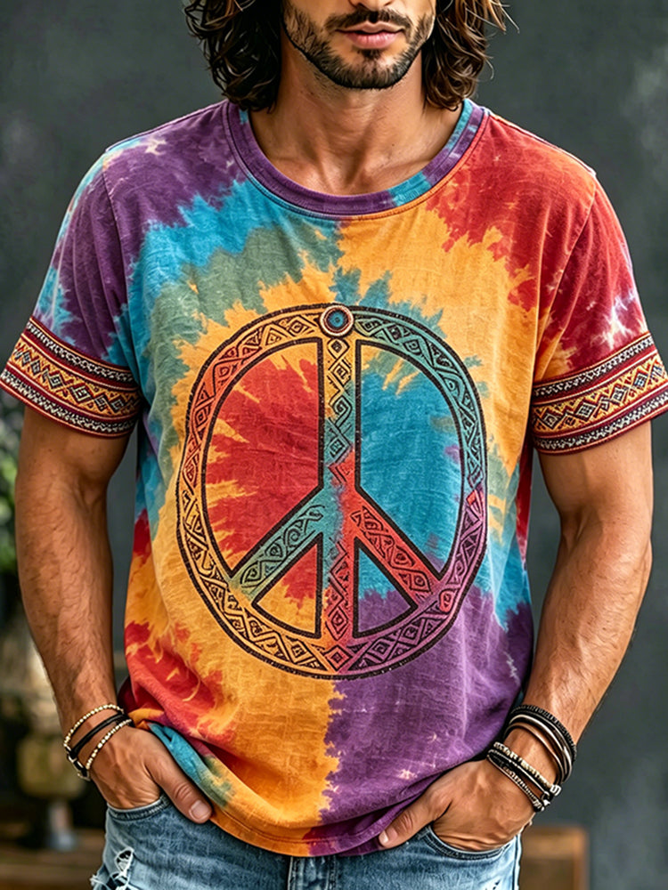 Cardydony Men's Tie-dye Retro Ethnic Print Crew Neck Short Sleeve T-shirt