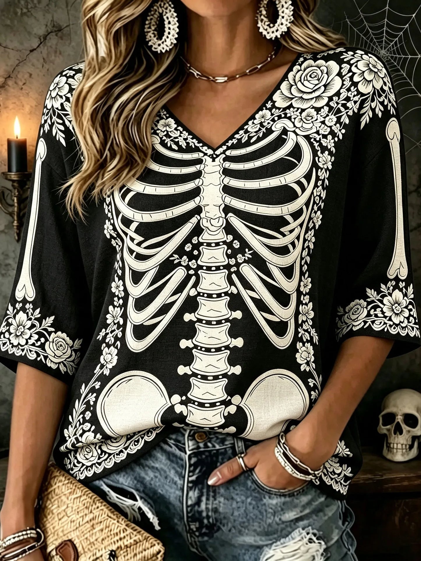 Cardydony Women's Vintage Halloween White Rose And Human Skeleton Art Printed Mid-length Sleeves V-neck T-shirt