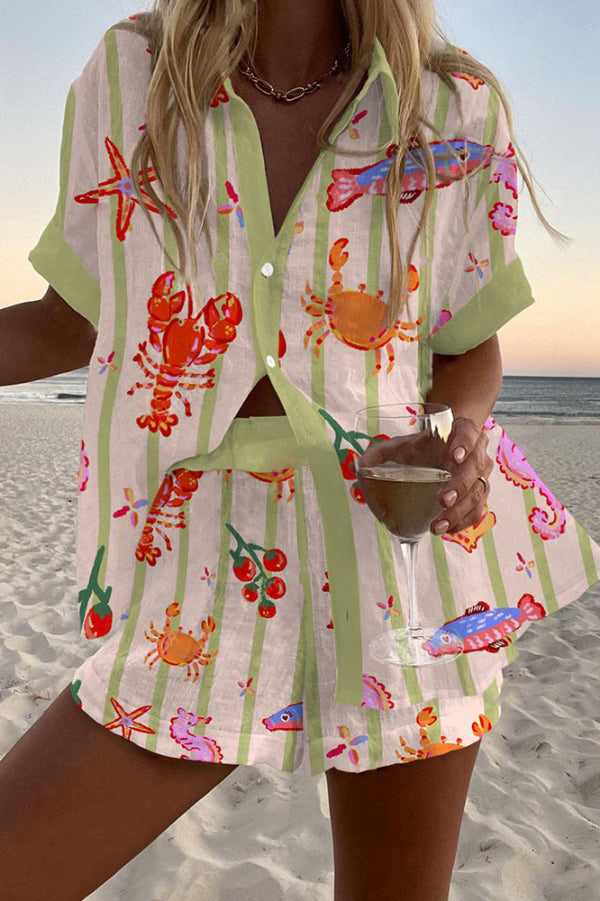 Cardydony Women's Lobster and Crab Print Loose Button Elastic Waist Shorts Set