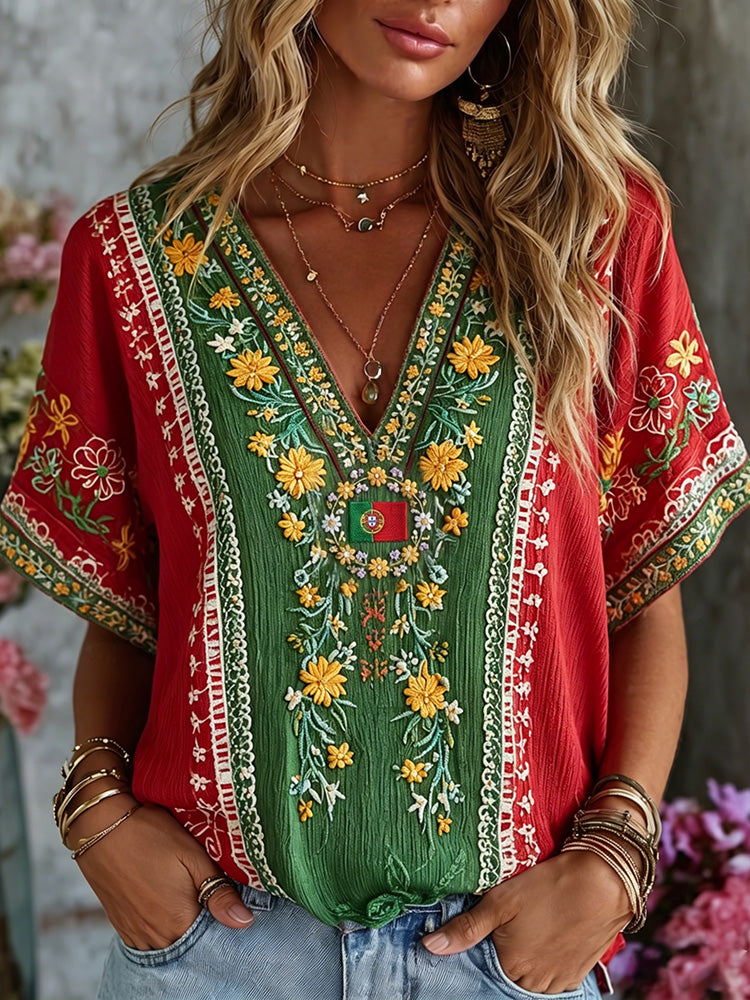 Cardydony Women's Vintage Floral Embroidered Art Patchwork V Neck Linen Blend T-shirt