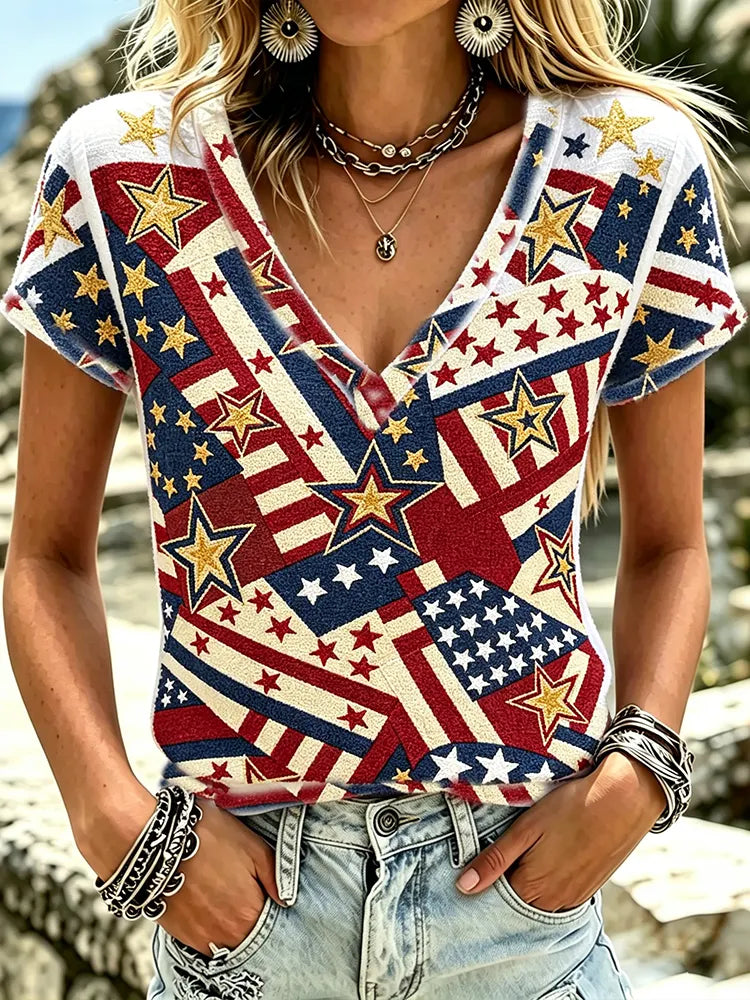 Cardydony Women's Vintage Usa Anniversary Patchwork Star Art Print Short Sleeve Top
