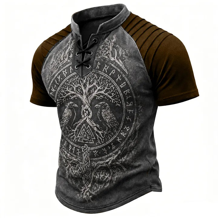 Cardydony Retro Viking Casual Color Block Printed Cotton Linen Top