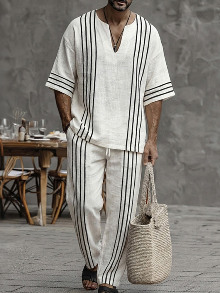 Cardydony Men's Casual Summer 100% Cotton Striped Matching Set