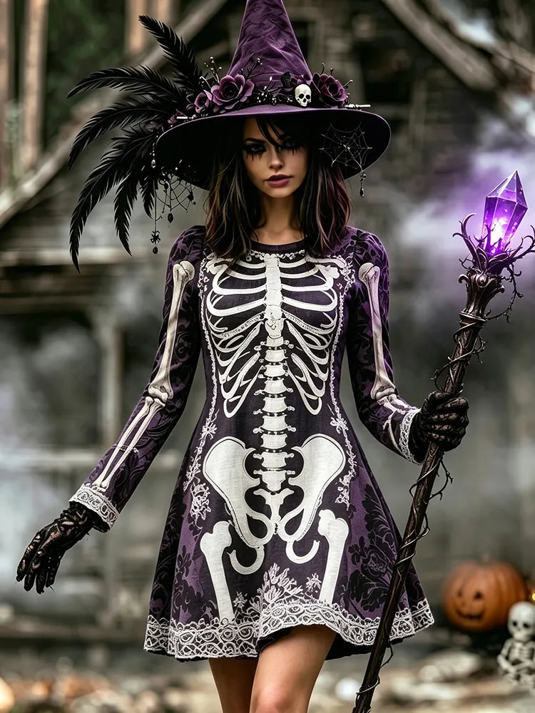 Cardydony Women's Halloween Jacquard Pattern Human Skull In Floral Art V-neck Mini Dress