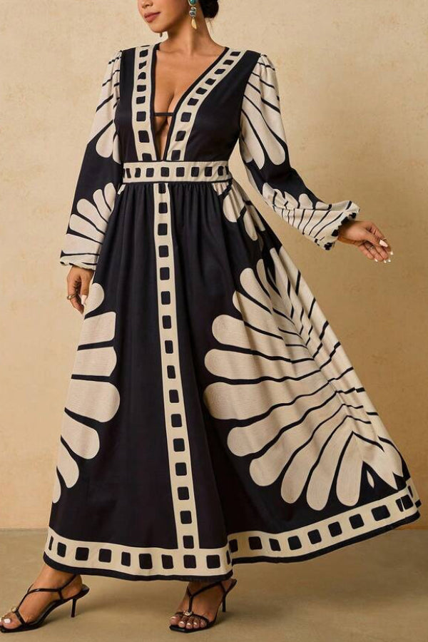 Cardydony Women's Unique Print V-Neck Long Sleeve Casual Vacation Maxi Dress