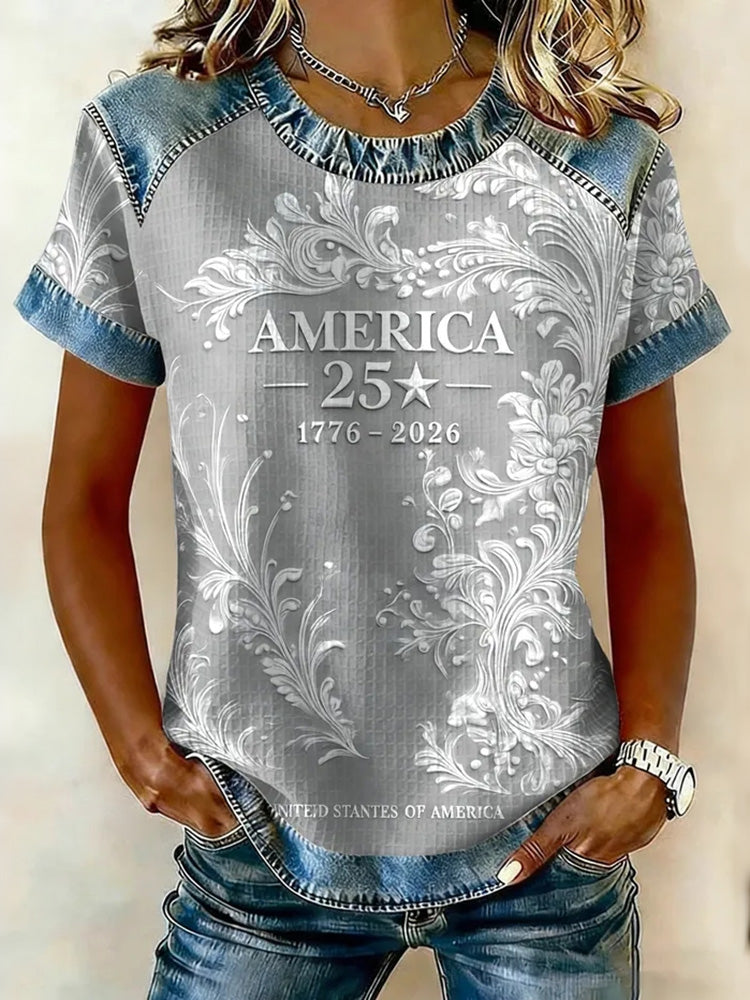 Cardydony Women's Retro American Floral Color Block Commemorative T-shirt