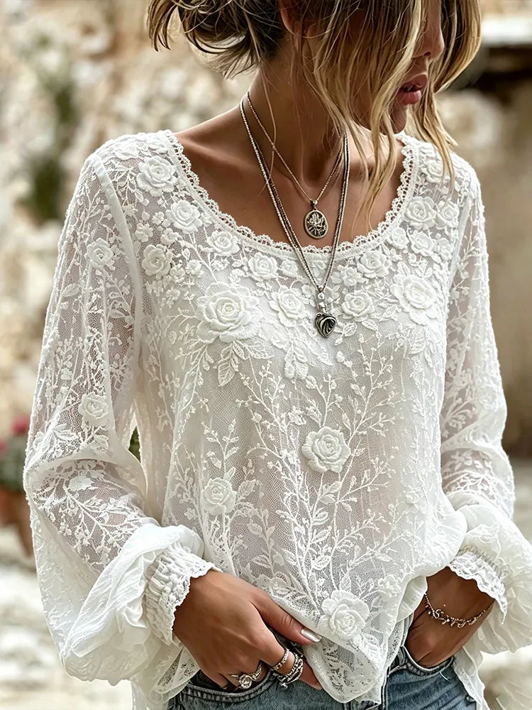 Cardydony Women's Vintage White Rose And Lace Art Comfortable Cotton Linen Round Neck Long Sleeve Top