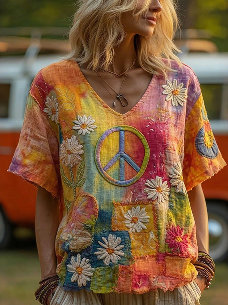 Cardydony Vintage Hippie Peace Daisy Gradient Floral Patchwork Print Linen T-shirt