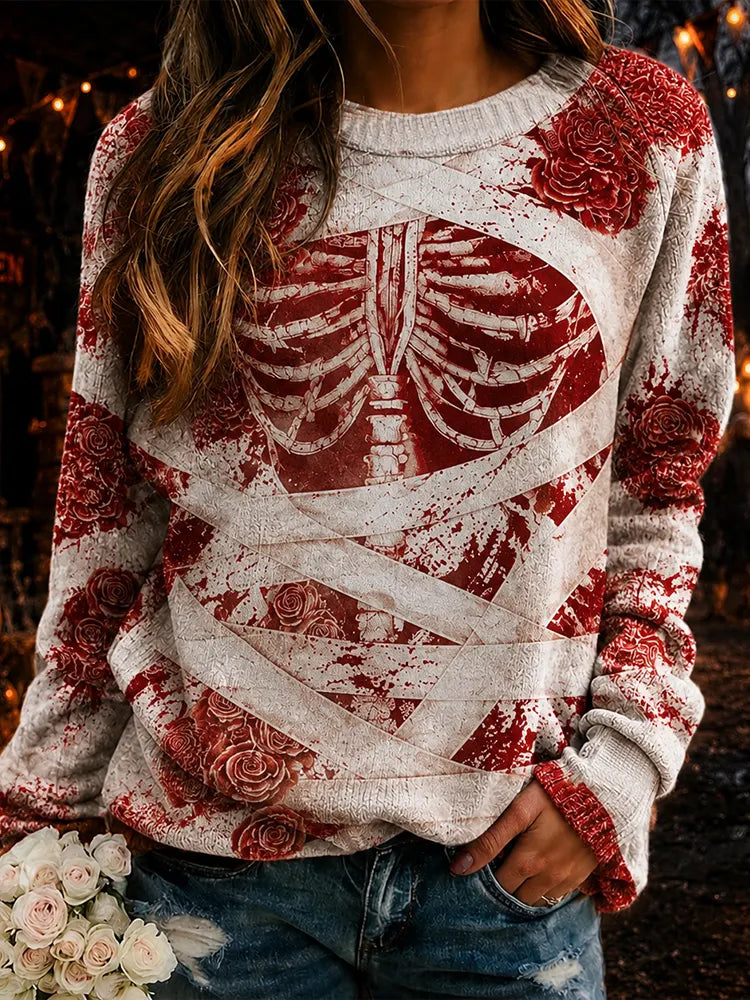 Cardydony Women's Halloween Human Anatomy Art Casual Crewneck Sweater