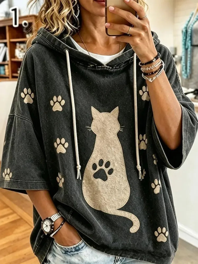 Cardydony Women's Retro Cute Cat Print Casual Warm Hoodie
