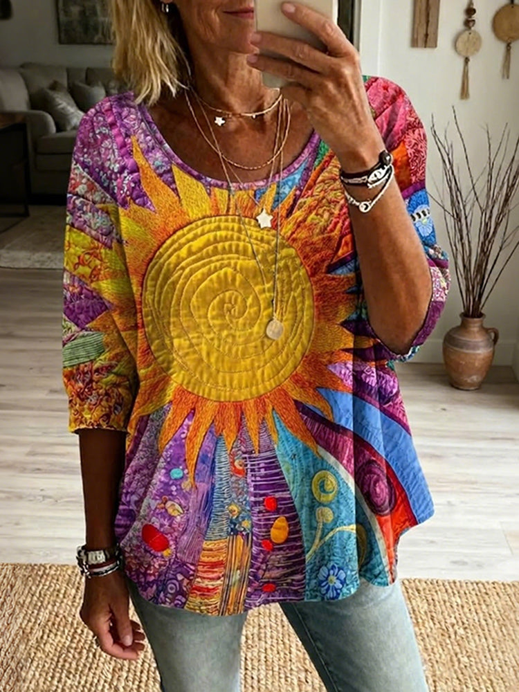 Cardydony Women's Retro Hippie Art Print Flowy Linen Blend Casual T-shirt