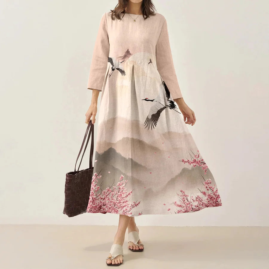 Cardydony Japanese Retro Cherry Blossom With Crane Print Art Comfy Maxi Dress