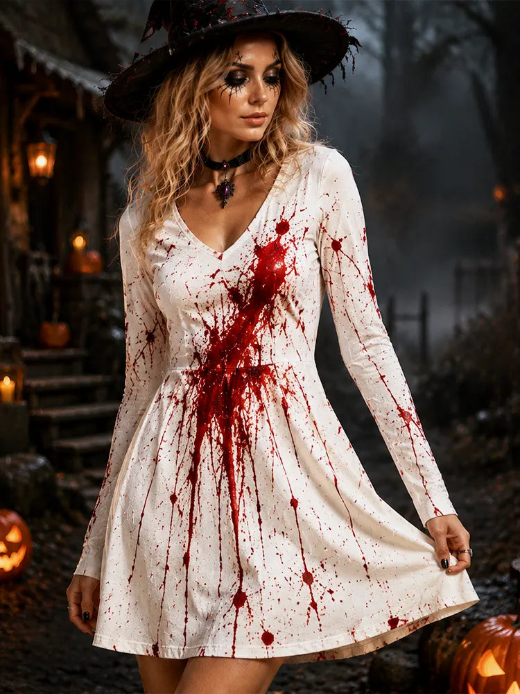 Cardydony Women's Halloween Long Sleeve V-neck Dress - Horror Blood Splatter And Scary Costume Mini Dress