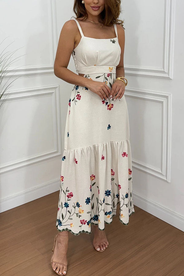 Cardydony Women's Vanie Linen Blend Floral Print Cutout Waist Back Smocked Slit Maxi Dress