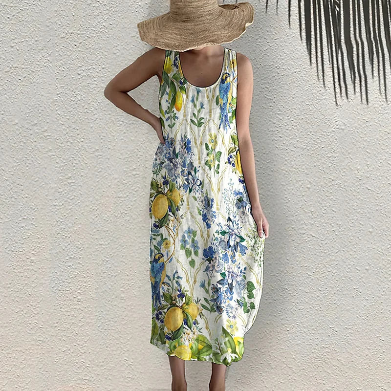 Cardydony Almafi Lemon Flower And Bird Pattern Tank Midi Dress