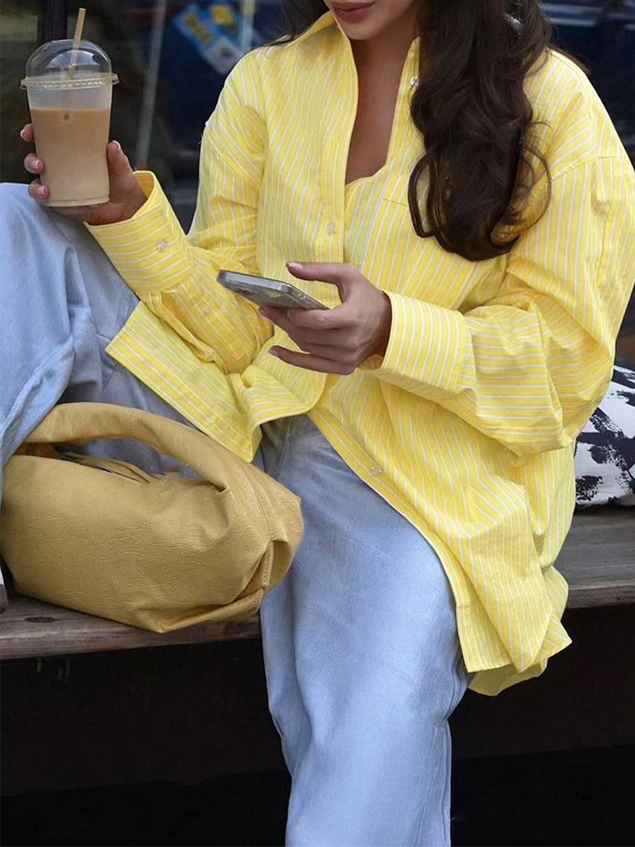 Cardydony Women's Yellow Striped Shirt – Oversized Button Down Long Sleeve
