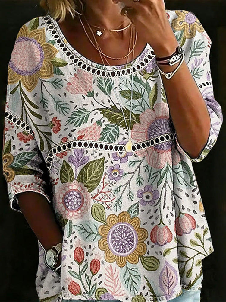 Cardydony Women's Retro Floral Art Print Cotton Linen Casual T-shirt