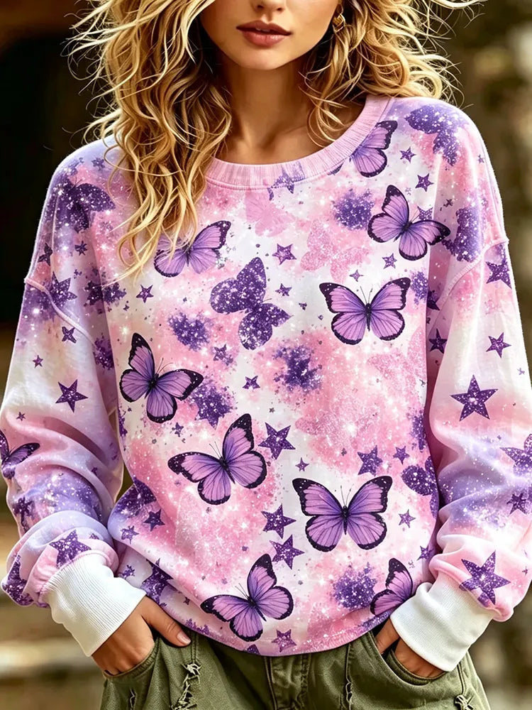 Cardydony Women's Graphic Crewneck Sweatshirt - Purple Butterflies, Glowing Stars And Galaxy Tie-dye Print Pullover