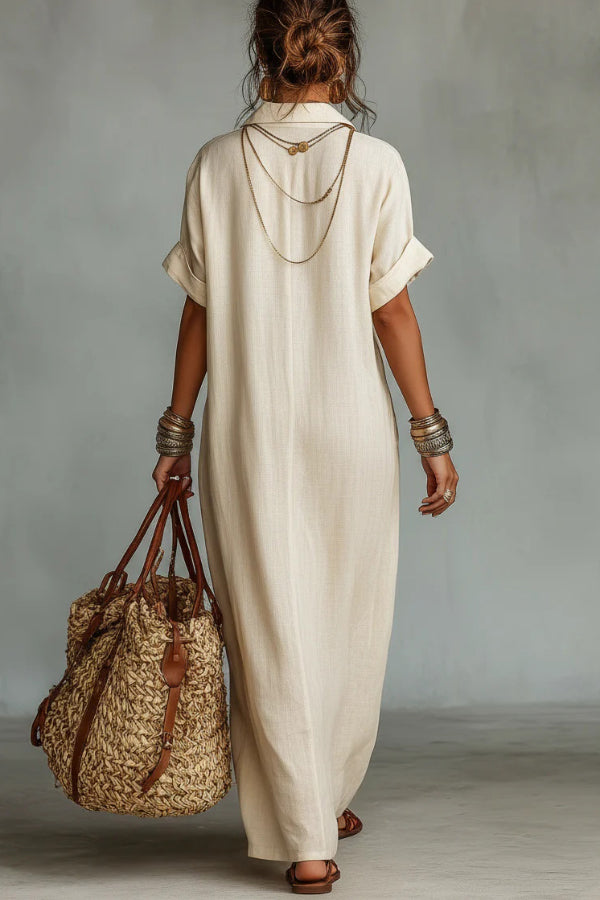 Cardydony Women's Linen Blend Embroidered V-neck Pocket Casual Loose Maxi Dress