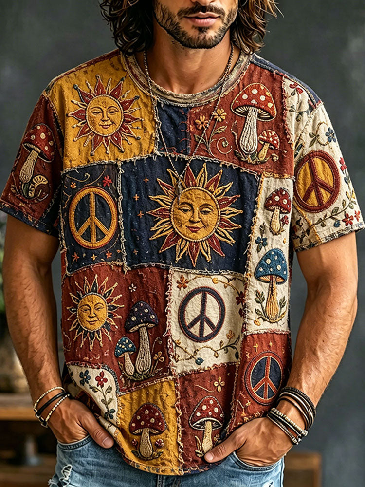 Cardydony Men's Color Block Hippie Sun Mushroom Peace Graphic Patchwork Print T-shirt