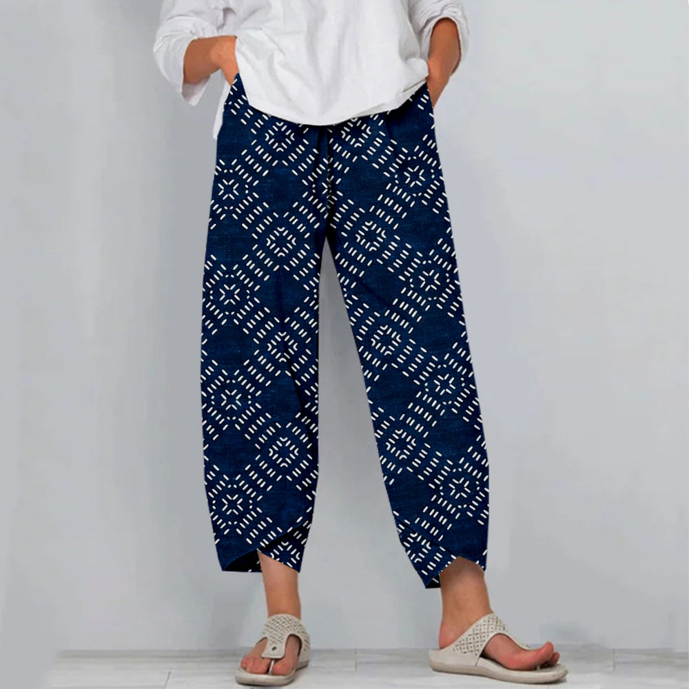 Cardydony Vintage Japanese Geometrical Art Cropped Linen Pants