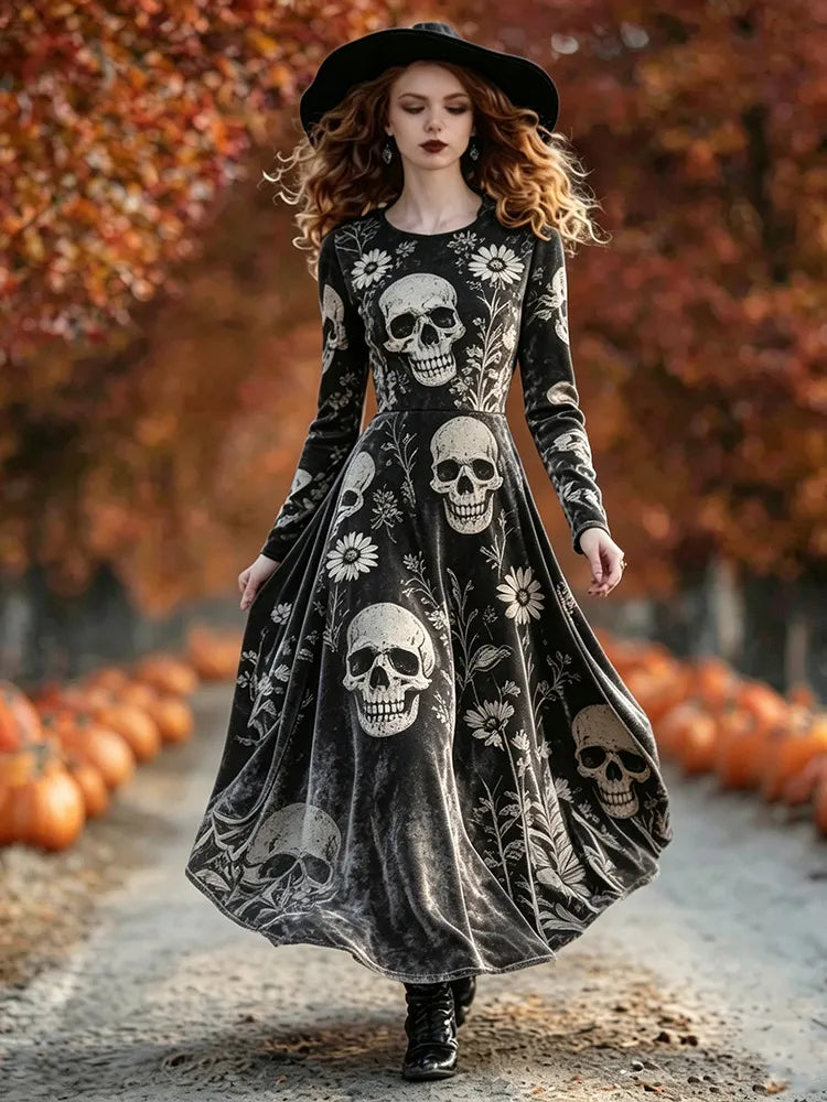 Cardydony Women's Gothic Velvet Vintage Skull Print Long-sleeved A-line Flowy Dress