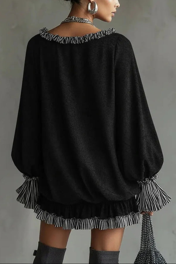 Cardydony Women's Fashionable Patchwork Ruffled Loose Long-sleeved Casual Mini Dress