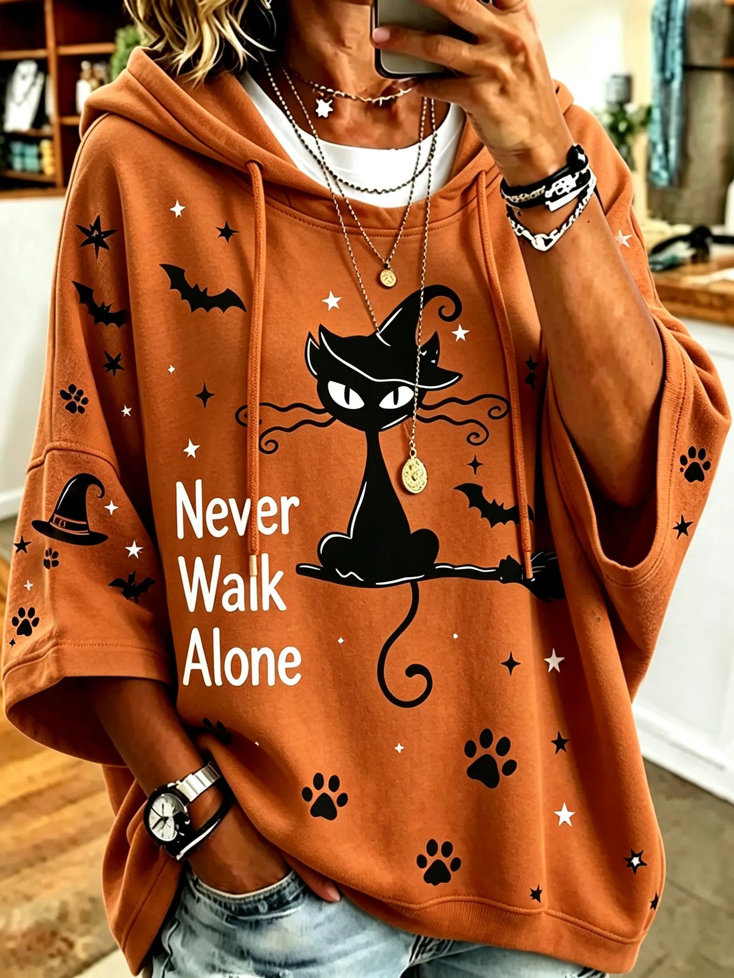 Cardydony Women's Retro Halloween Theme Cat Print Casual Hooded Sweatshirt