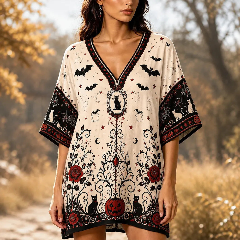Cardydony Women's Casual V-neck Kimono-style Mini Dress With Halloween Bat, Black Cat, Pumpkin, And Gothic Rose Print