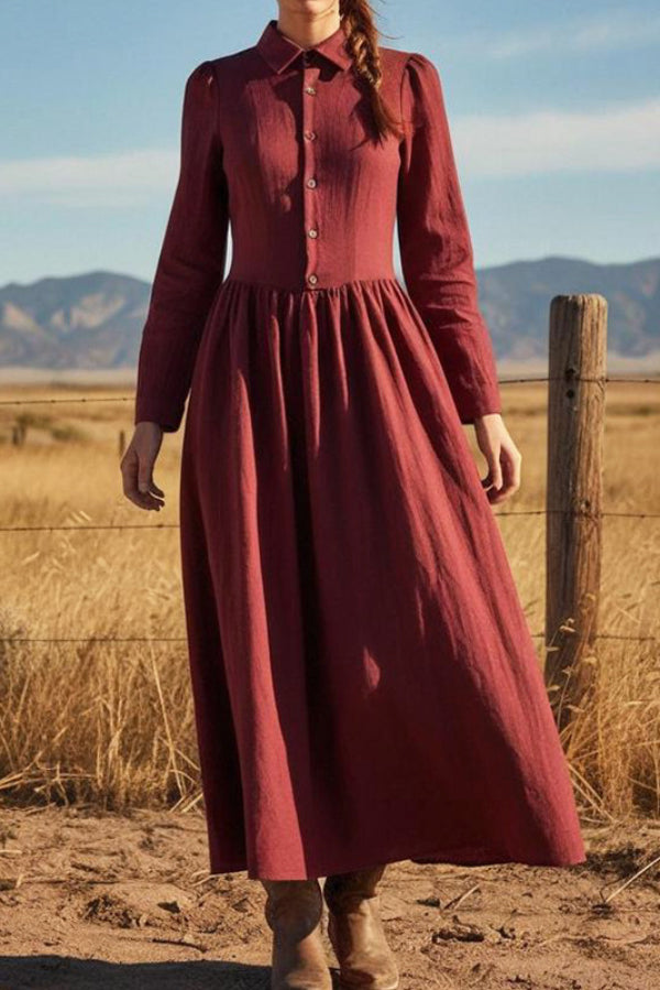 Cardydony Women's Linen Blend Solid Color Lapel Long-sleeved Casual Maxi Dress