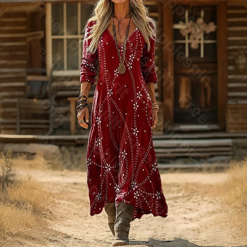 Cardydony Women Abstract V Neck Printing Vintage Spring/fall Daily Maxi H-line Dress