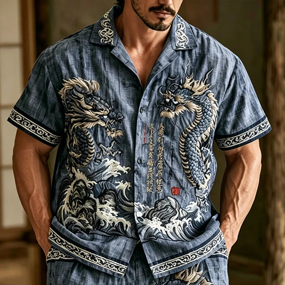 Cardydony Men's Dragon Pattern Wavy Text Vintage Cotton And Linen Short Sleeve Shirt And Shorts Two-piece Set