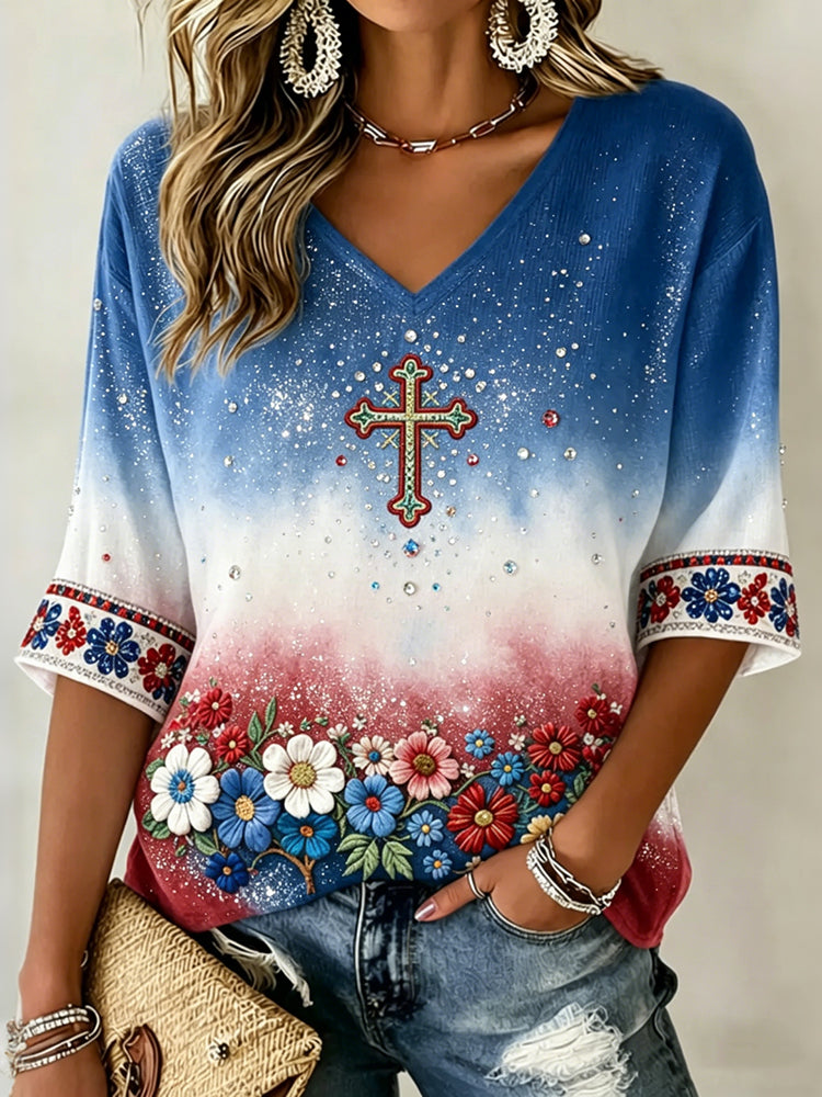 Cardydony Women's Vintage Independence Day Floral Printed V Neck Casual Shirt