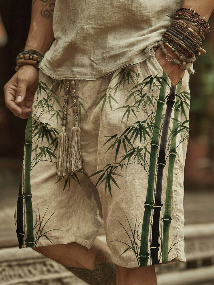 Cardydony Men's Bamboo Art Print Linen Blend Casual Shorts