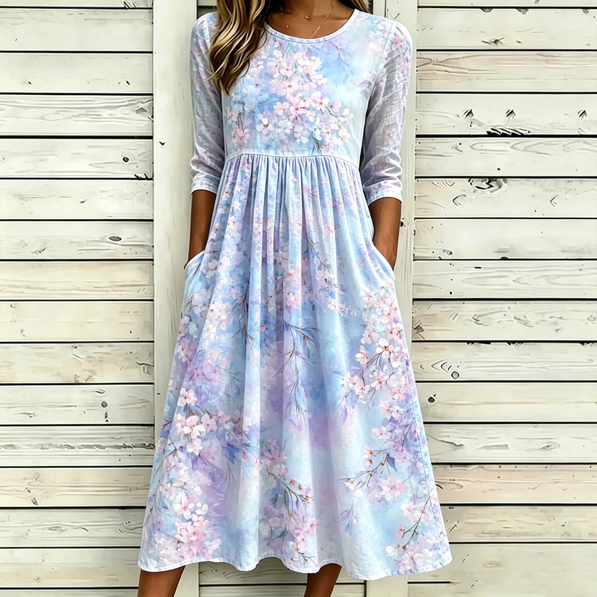 Cardydony Women's Bohemian Three-quarter Sleeve Watercolor Cherry Blossom Midi Dress