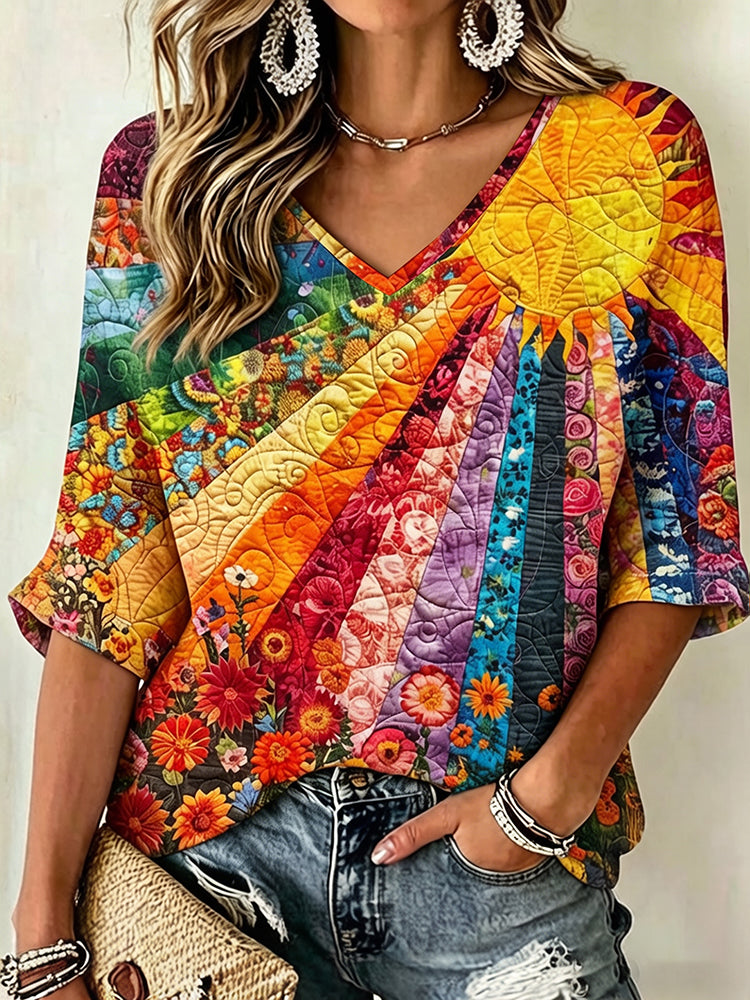 Cardydony Women's Vintage Floral In Gradient Art Print Flowy Linen Blend Three-quarter Sleeve V Neck Linen Tops