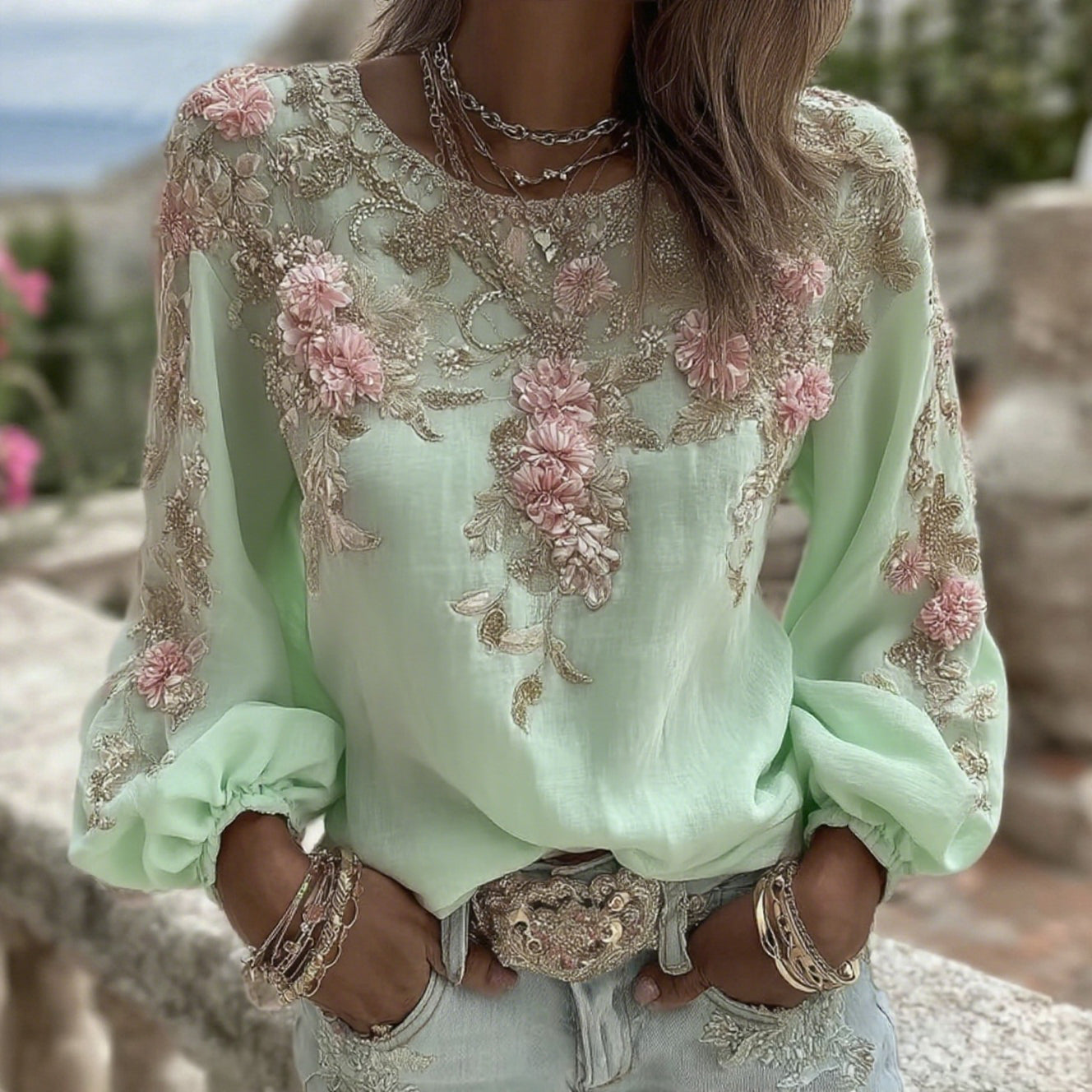 Cardydony Women's Vintage Pink Rose Embroidery Art Round Neck Long Sleeve Linen Blend T-shirt
