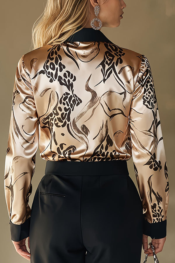 Cardydony Women's Unique Printed Satin Long-Sleeve Casual Shirt
