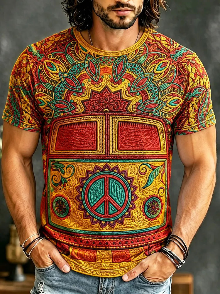 Cardydony Men's Retro Hippie Art Print Crew Neck Short Sleeve T-shirt