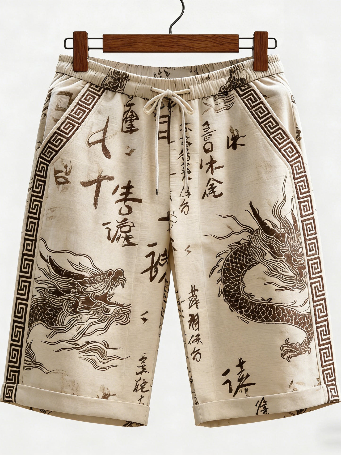 Cardydony Men's Calligraphy With Dragon Art Pattern Linen Blend Casual Shorts