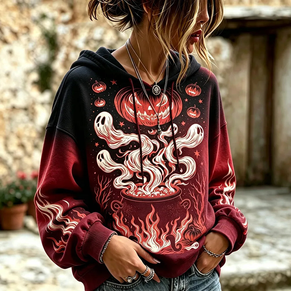 Cardydony Women's Halloween Graphic Hooded Sweatshirt - Spooky Ghost And Pumpkin Print Pullover Hoodie
