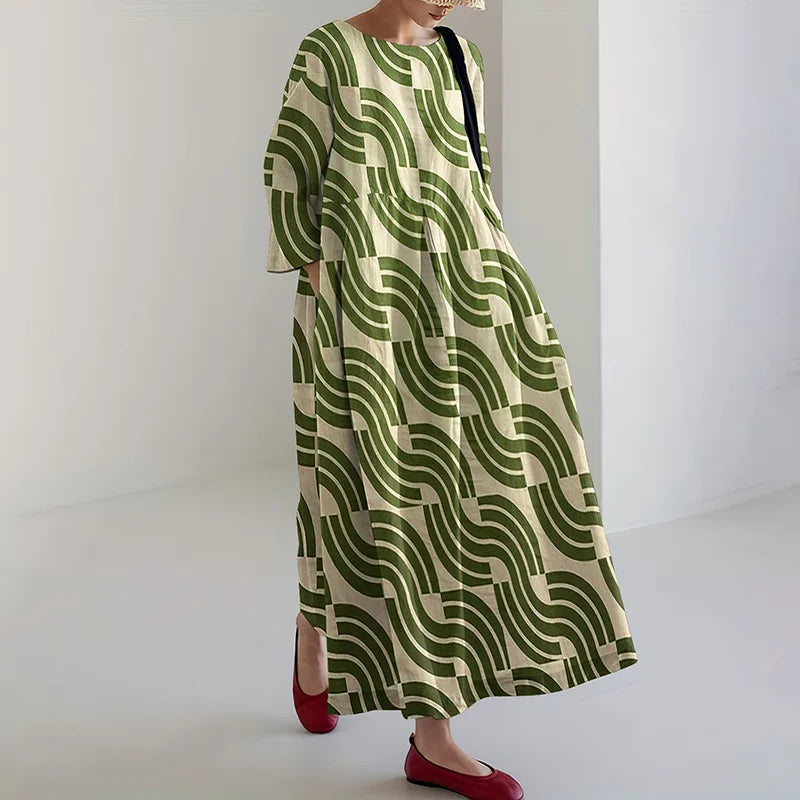 Cardydony Women's Japanese Geometric Art Print Midi Dress