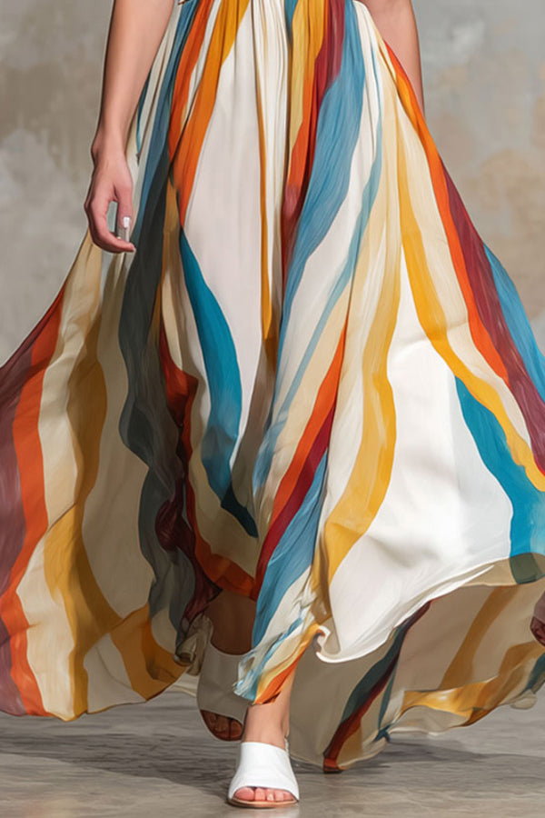 Cardydony Women's Multi-colored Striped Print V-neck Sleeveless Fitted Waist Vacation Maxi Dress