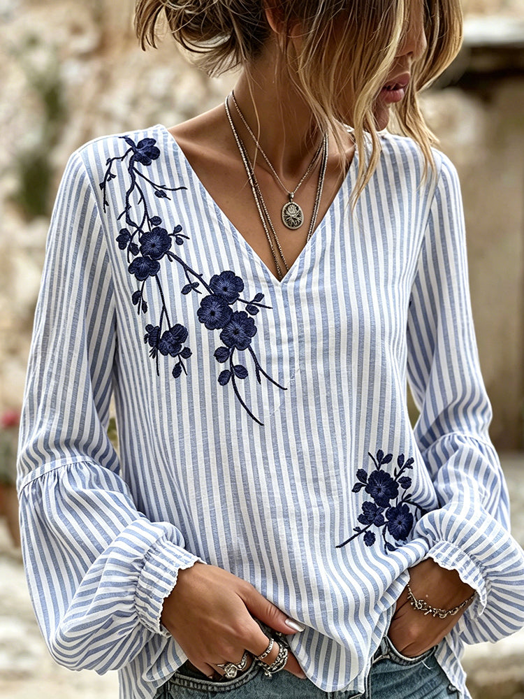 Cardydony Vintage Plum Bossom With Stripe Art Casual V Neck Linen Tops